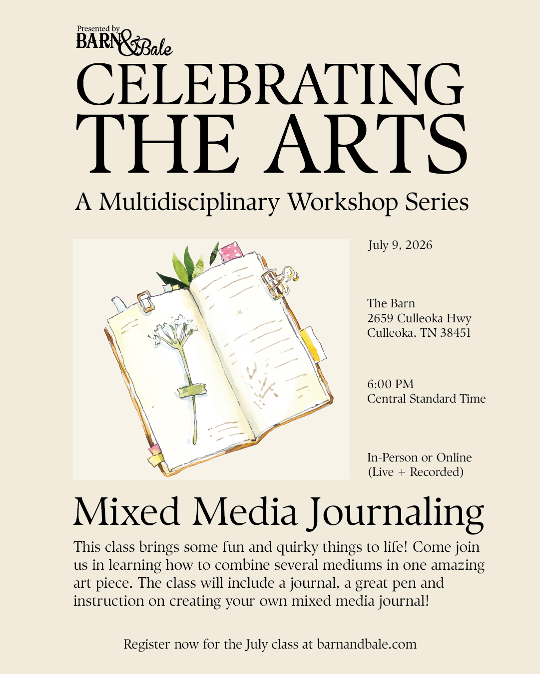 Celebrating the Arts: Mixed Media Art Journaling Class(October 8, 2026)